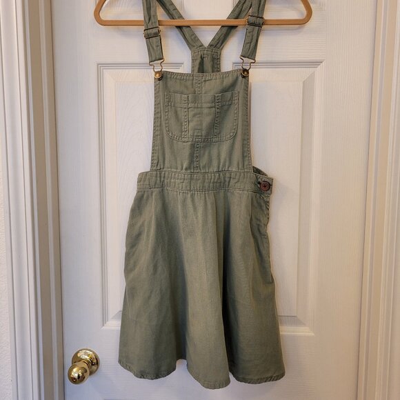Small olive green denim overall dress with pockets - Picture 1 of 11